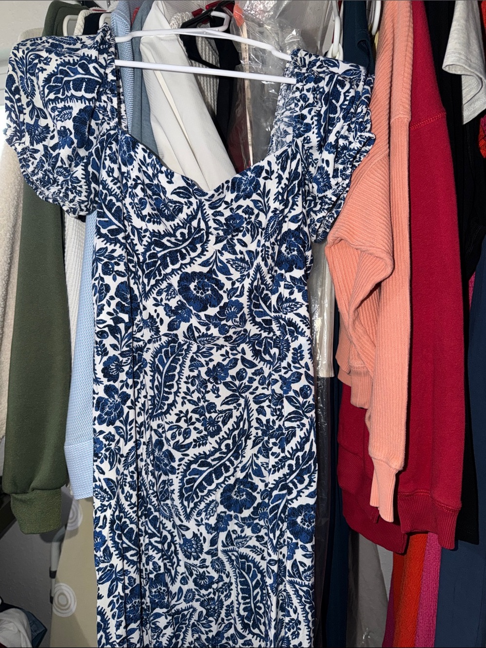 Blue & White Floral Square-Neck Midi Dress